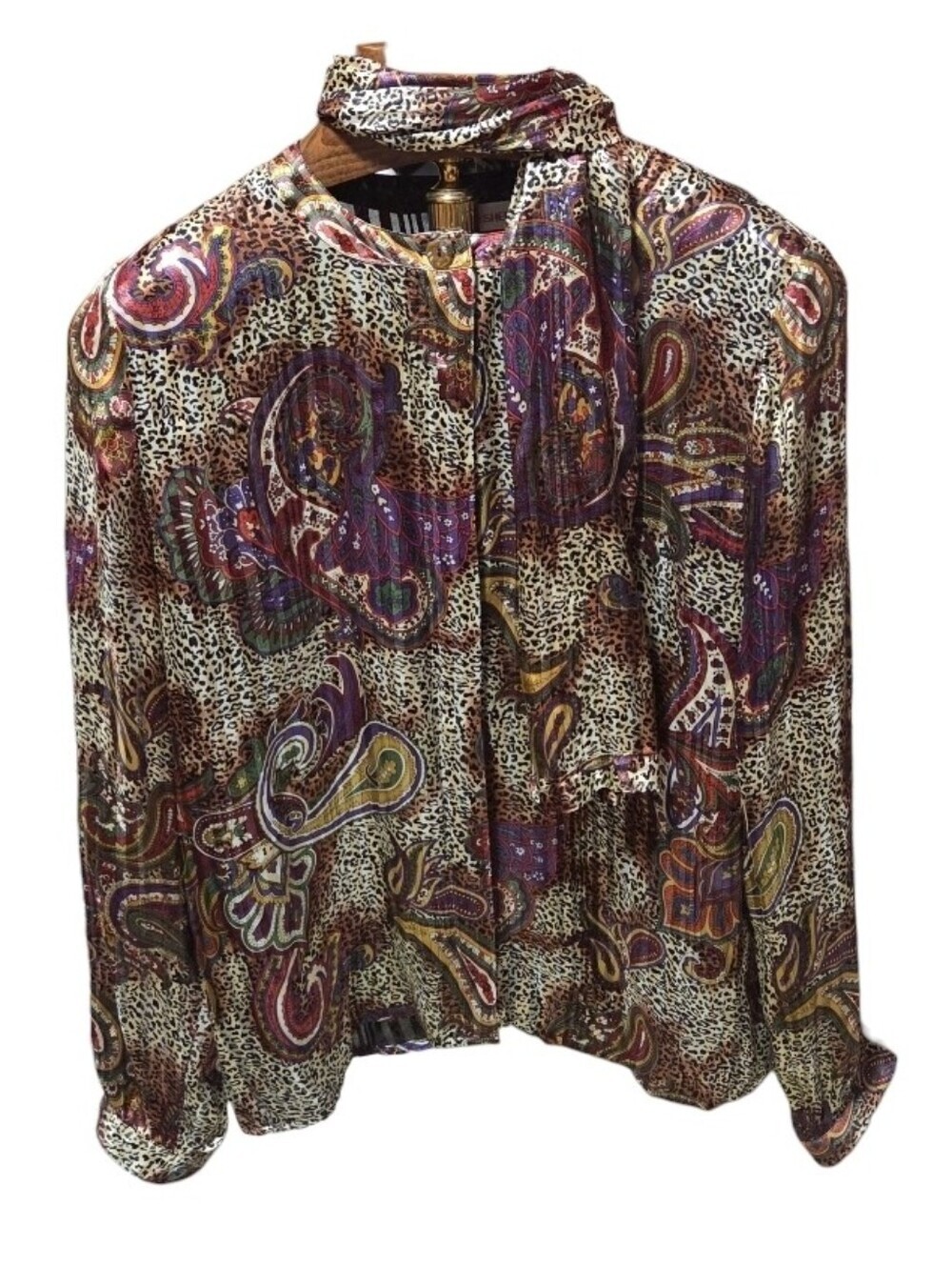 Vintage Jerri Sherman Silk Cheetah Paisley Colorful Blouse With Scarf Size 12